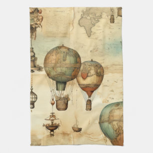 Vintage Steampunk Hot Air Balloon Sepia Tea Towel