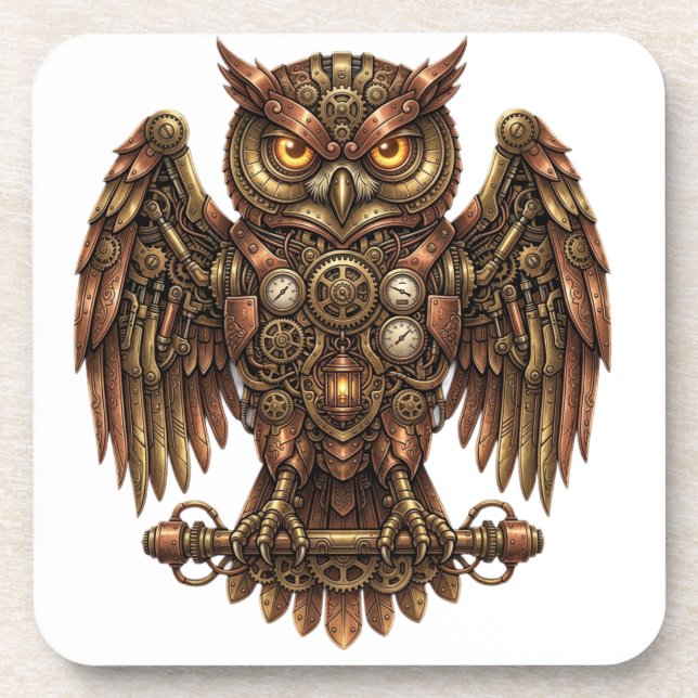 Vintage Steampunk Mechanical Owl Glossy Hard Plast Coaster (Front)