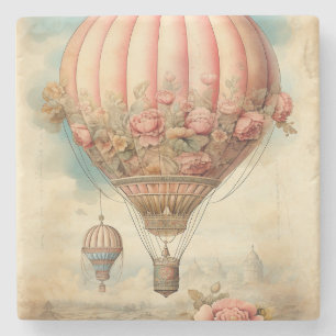 Vintage Steampunk Pink Floral Hot Air Balloon Stone Coaster