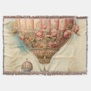 Vintage Steampunk Pink Floral Hot Air Balloon Throw Blanket
