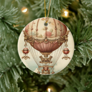 Vintage Steampunk Pink Hot Air Balloon Ceramic Tree Decoration