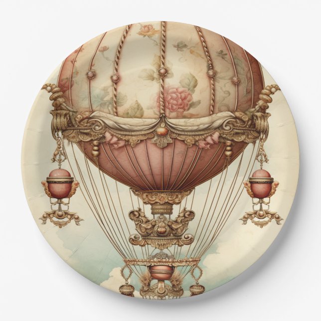 Vintage Steampunk Pink Hot Air Balloon Paper Plate (Front)