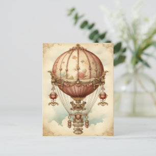 Vintage Steampunk Pink Hot Air Balloon Postcard