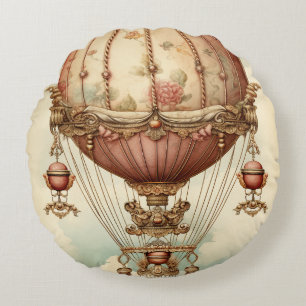 Vintage Steampunk Pink Hot Air Balloon Round Cushion