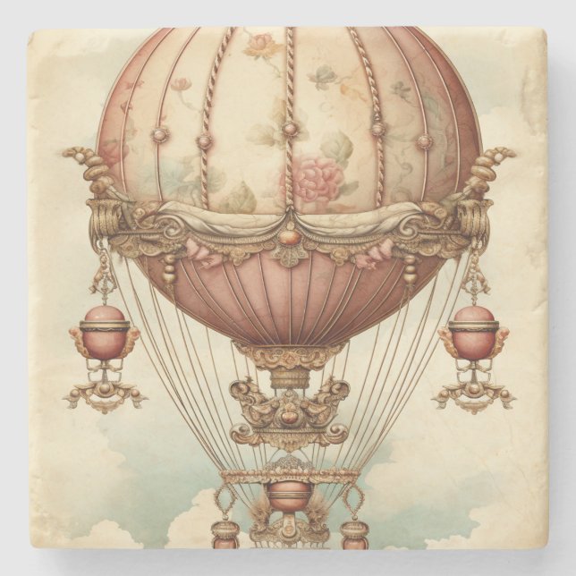 Vintage Steampunk Pink Hot Air Balloon Stone Coaster (Front)