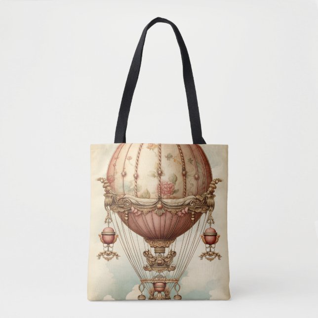 Vintage Steampunk Pink Hot Air Balloon Tote Bag (Front)