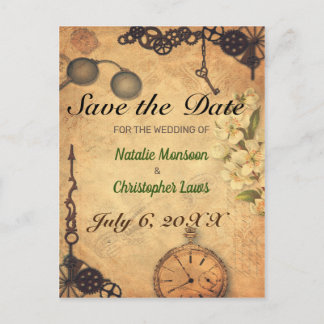 Vintage Steampunk Save the Date Romance Clock Cogs Announcement Postcard