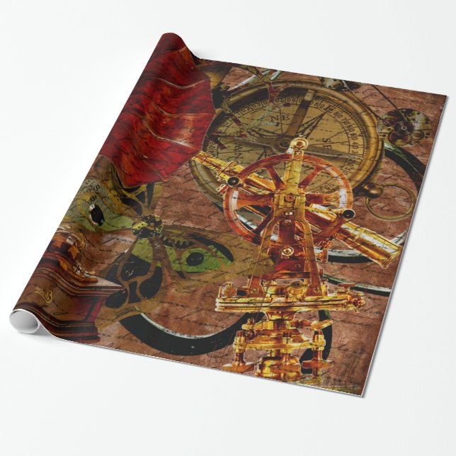 Vintage Steampunk Wallpaper Wrapping Paper (Unrolled)