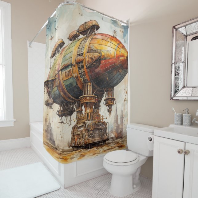 Vintage Steampunk Zeppelin (1) Shower Curtain (In Situ)