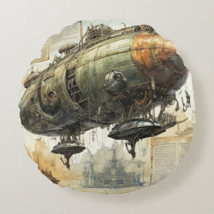 Vintage Steampunk Zeppelin (8) Tissue Paper Round Cushion