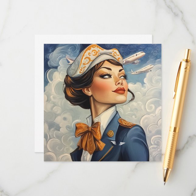 Vintage Stewardess Flat Note Card  (Front/Back In Situ)