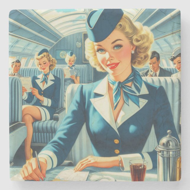 Vintage Stewardess Illustration Stone Coaster (Front)