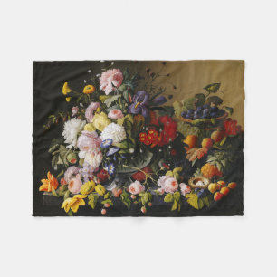Vintage Still Life Flowers and Fruits Fleece Blanket
