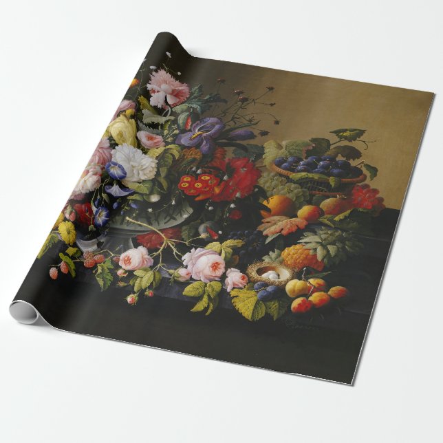 Vintage Still Life Flowers and Fruits Wrapping Paper (Unrolled)