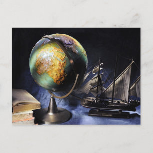 Vintage still life with globe postcard