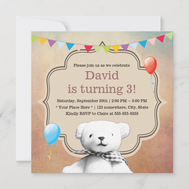 Vintage Stipple Teddy Bear Birthday Invitation (Front)