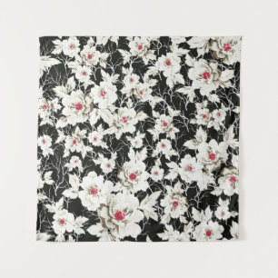 vintage stock flowers pattern on black background tapestry