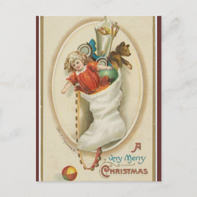 Vintage Stocking Doll Teddy Bear Christmas Postcard (Front)