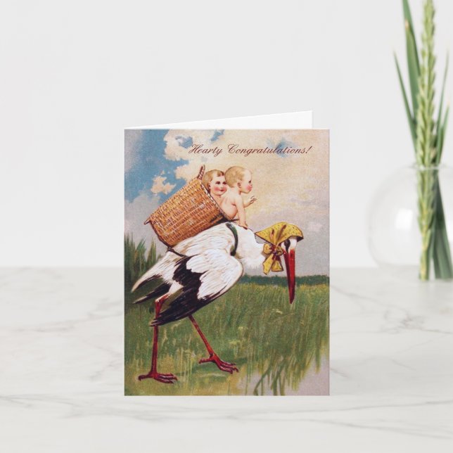 Vintage stork announcement girl / boy twins card (Front)