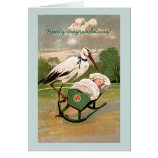 Vintage stork baby boy cradle announcement card