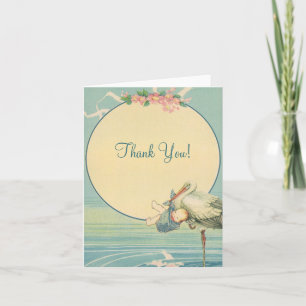 Vintage Stork Baby Boy in Blue Blanket, Thank You Card