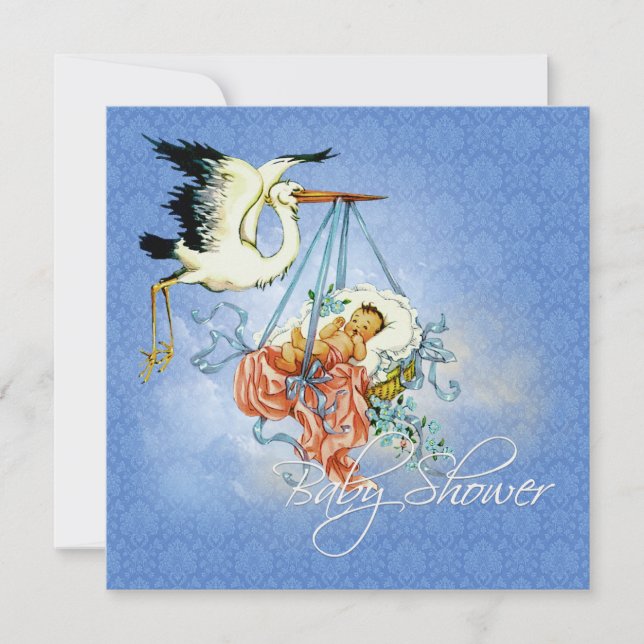 Vintage Stork Baby Boy Shower Invitation (Front)