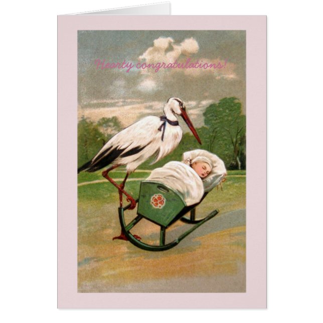 Vintage stork baby girl cradle announcement card (Front)