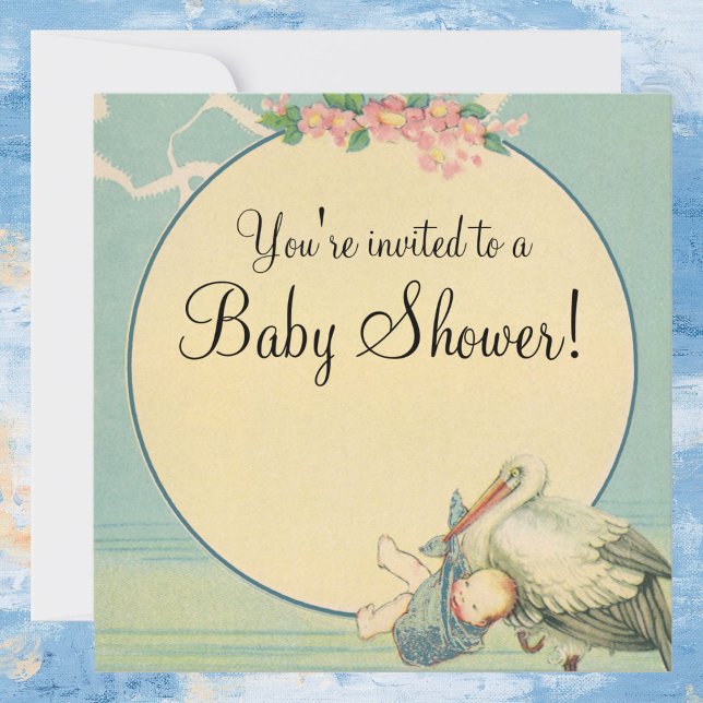 Vintage Stork Blue Blanket Baby Shower Invitation (Creator Uploaded)