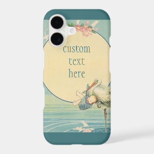Vintage Stork Carrying Baby Boy in Blue Blanket