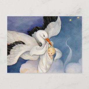 Vintage Stork Delivering Baby Watercolor  Postcard