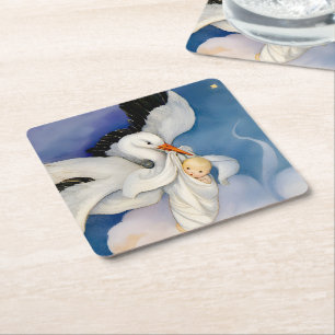 Vintage Stork Delivering Baby Watercolor Square Paper Coaster