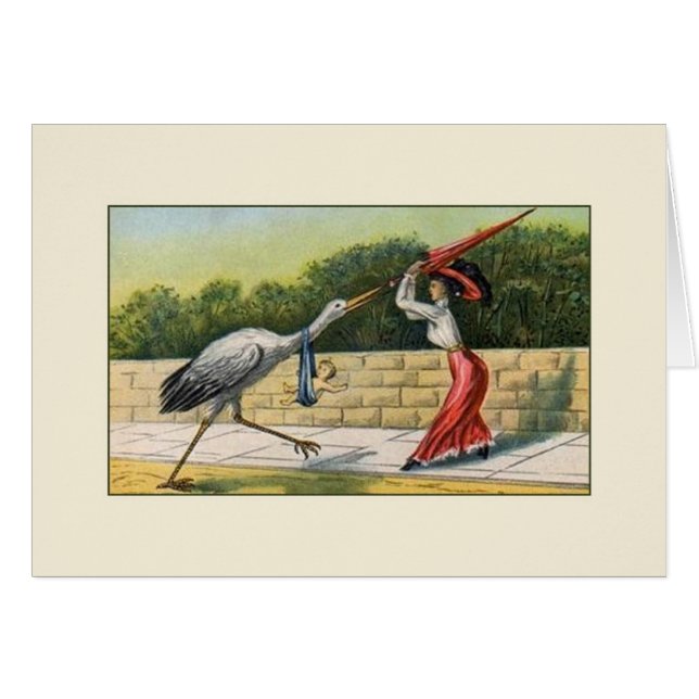 Vintage Stork Humourous Baby Card (Front Horizontal)