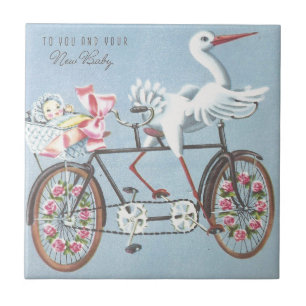 Vintage Stork on Bike To You and Your Baby Tile