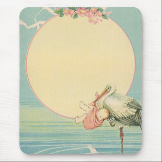 Vintage Stork with Baby Girl in Pink Blanket Mouse Pad