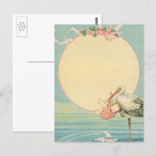 Vintage Stork with Baby Girl in Pink Blanket Postcard