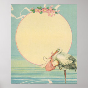Vintage Stork with Baby Girl in Pink Blanket Poster