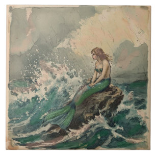 Vintage Stormy Sea with Mermaid Tile