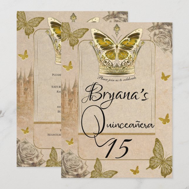 Vintage Storybook Gold Butterfly Quinceañera Invitation (Front/Back)