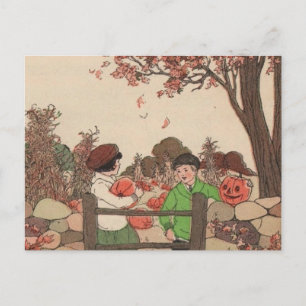 Vintage Storybook Kids & Pumpkins Postcard