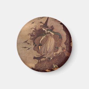 Vintage Storybook Witch and Black Cat Halloween Magnet