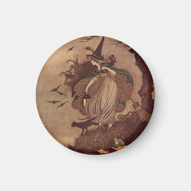 Vintage Storybook Witch and Black Cat Halloween Magnet (Front)