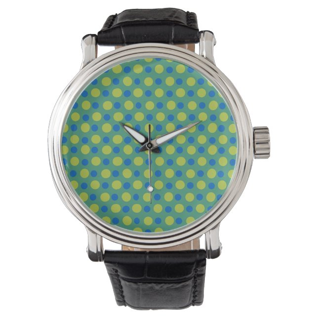 Vintage Strap Wristwatch: Blue, Green Polka Dots Watch (Front)