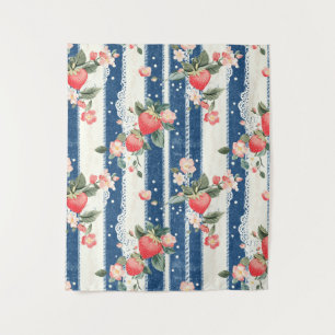 Vintage Strawberries & Blooms on Blue Stripes (2) Tapestry