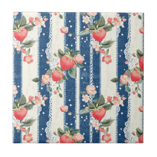 Vintage Strawberries & Blooms on Blue Stripes (2) Tile