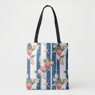Vintage Strawberries & Blooms on Blue Stripes (2) Tote Bag