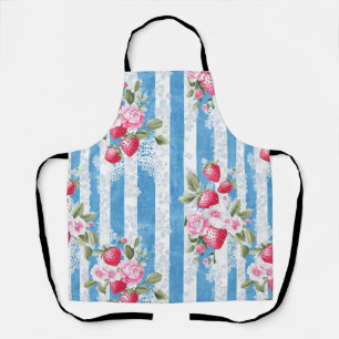 Vintage Strawberries & Blooms on Blue Stripes Apron