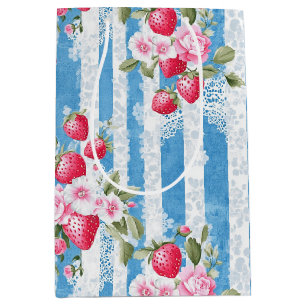 Vintage Strawberries & Blooms on Blue Stripes Medium Gift Bag