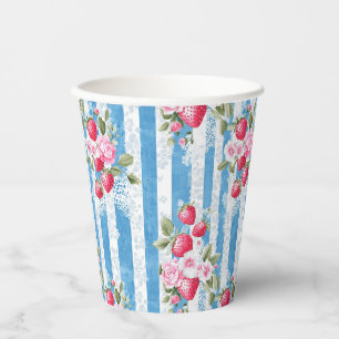 Vintage Strawberries & Blooms on Blue Stripes Paper Cups