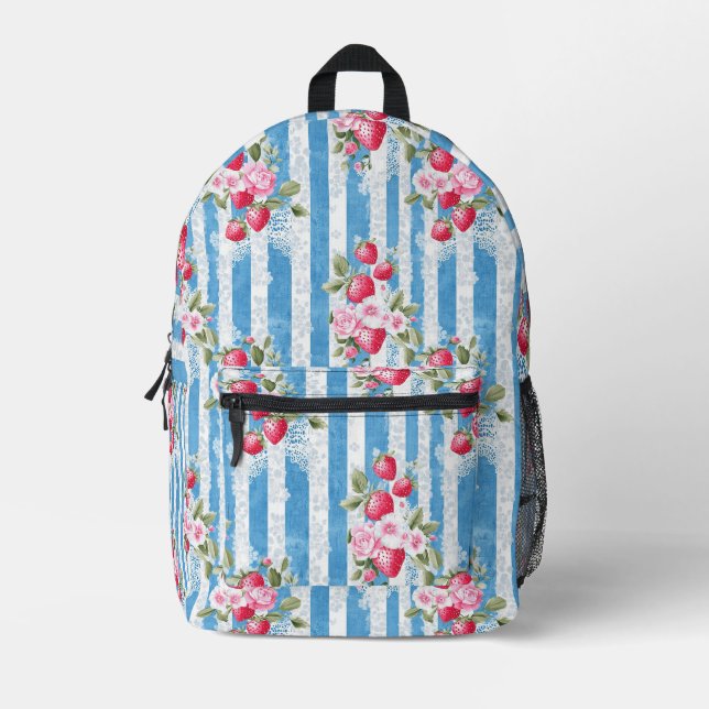Vintage Strawberries & Blooms on Blue Stripes Printed Backpack (Front)