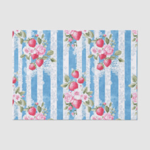Vintage Strawberries & Blooms on Blue Stripes Tissue Paper
